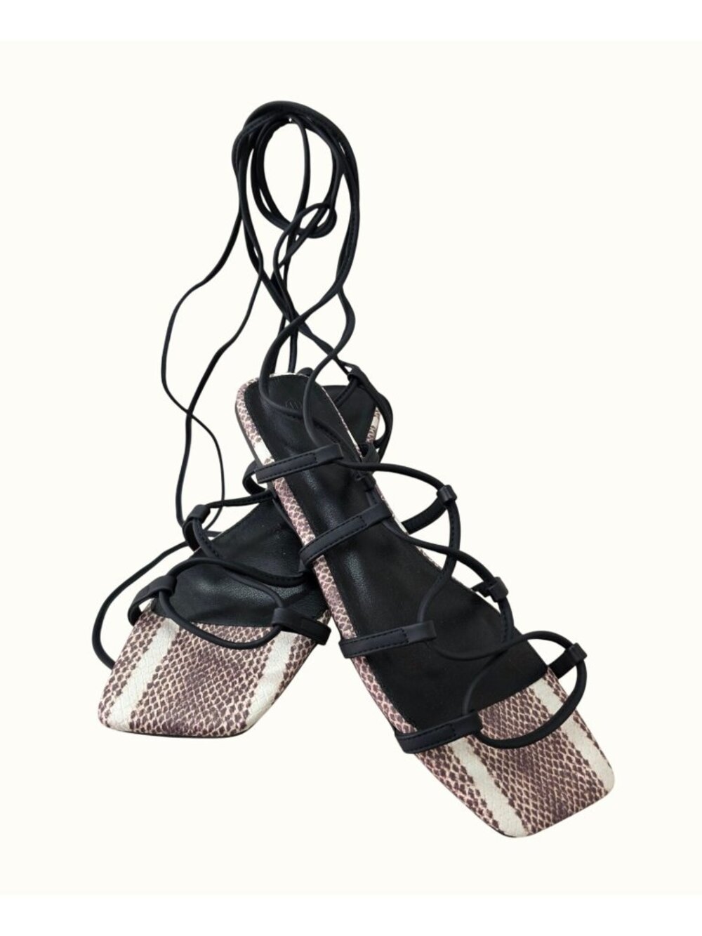 ZBY Lace Up Gladiator Sandals Womens Sz 11Black White Faux Snake Print Flats NEW